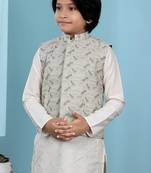 Beige printed banarasi silk boys-nehru-jacket