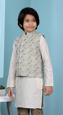 Beige printed banarasi silk boys-nehru-jacket 2