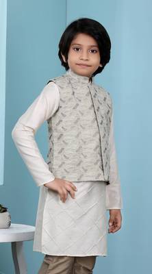 Beige printed banarasi silk boys-nehru-jacket 3