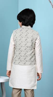 Beige printed banarasi silk boys-nehru-jacket 4