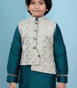 Beige printed banarasi silk boys-nehru-jacket