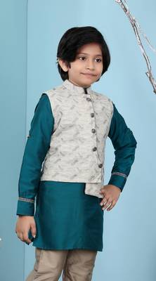 Beige printed banarasi silk boys-nehru-jacket 2