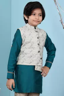 Beige printed banarasi silk boys-nehru-jacket
