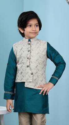 Beige printed banarasi silk boys-nehru-jacket 3