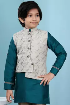 Beige printed banarasi silk boys-nehru-jacket