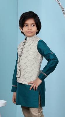 Beige printed banarasi silk boys-nehru-jacket 4
