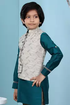 Beige printed banarasi silk boys-nehru-jacket