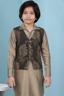 Brown printed banarasi silk boys-nehru-jacket