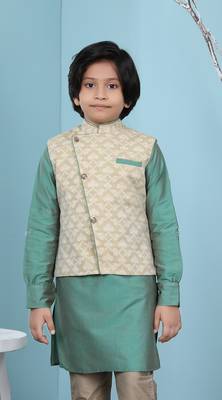 Beige printed banarasi silk boys-nehru-jacket 1