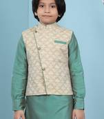 Beige printed banarasi silk boys-nehru-jacket