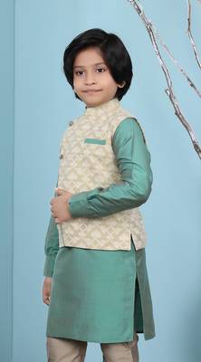 Beige printed banarasi silk boys-nehru-jacket 2