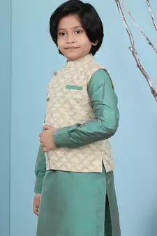Beige printed banarasi silk boys-nehru-jacket
