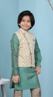 Beige printed banarasi silk boys-nehru-jacket 3