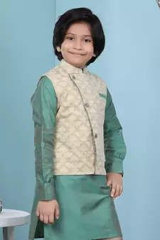 Beige printed banarasi silk boys-nehru-jacket