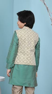 Beige printed banarasi silk boys-nehru-jacket 4