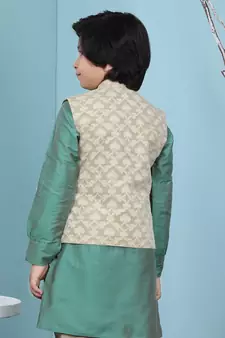 Beige printed banarasi silk boys-nehru-jacket