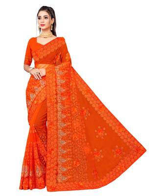 woven Orange Net saree with blouse 1
