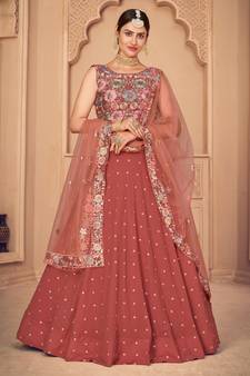 gorgeous Orange Thread and Sequins Embroidered Georgette Semi Stitched Party Wear Lehenga