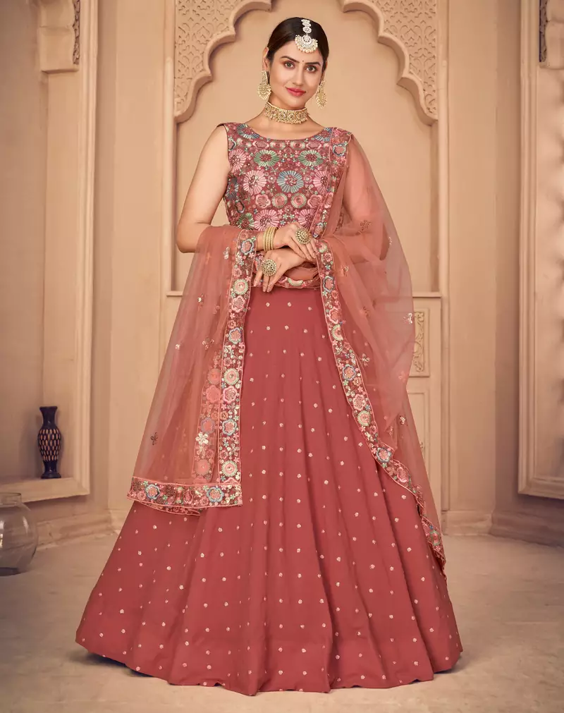 gorgeous Orange Thread and Sequins Embroidered Georgette Semi Stitched Party Wear Lehenga