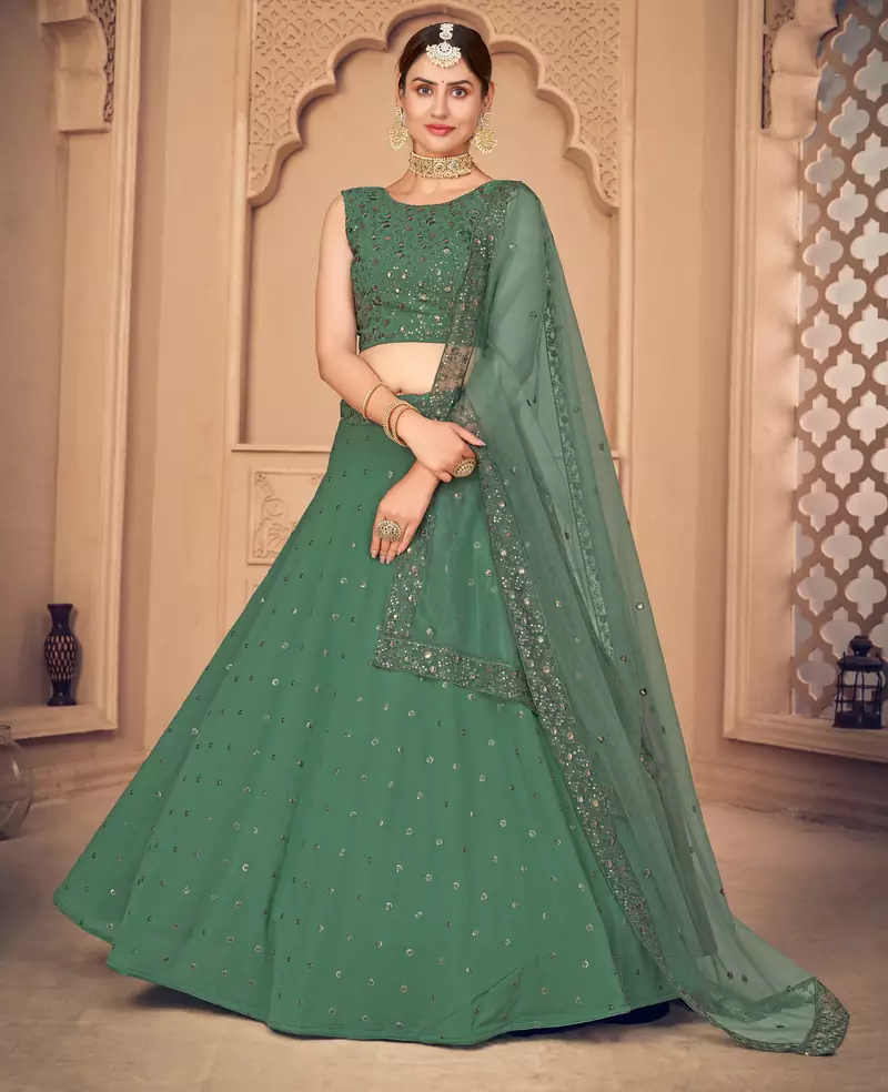 charming Pista Green Thread and Sequins Embroidered Georgette Semi Stitched Party wear Lehenga