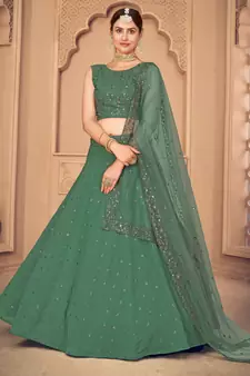 charming Pista Green Thread and Sequins Embroidered Georgette Semi Stitched Party wear Lehenga