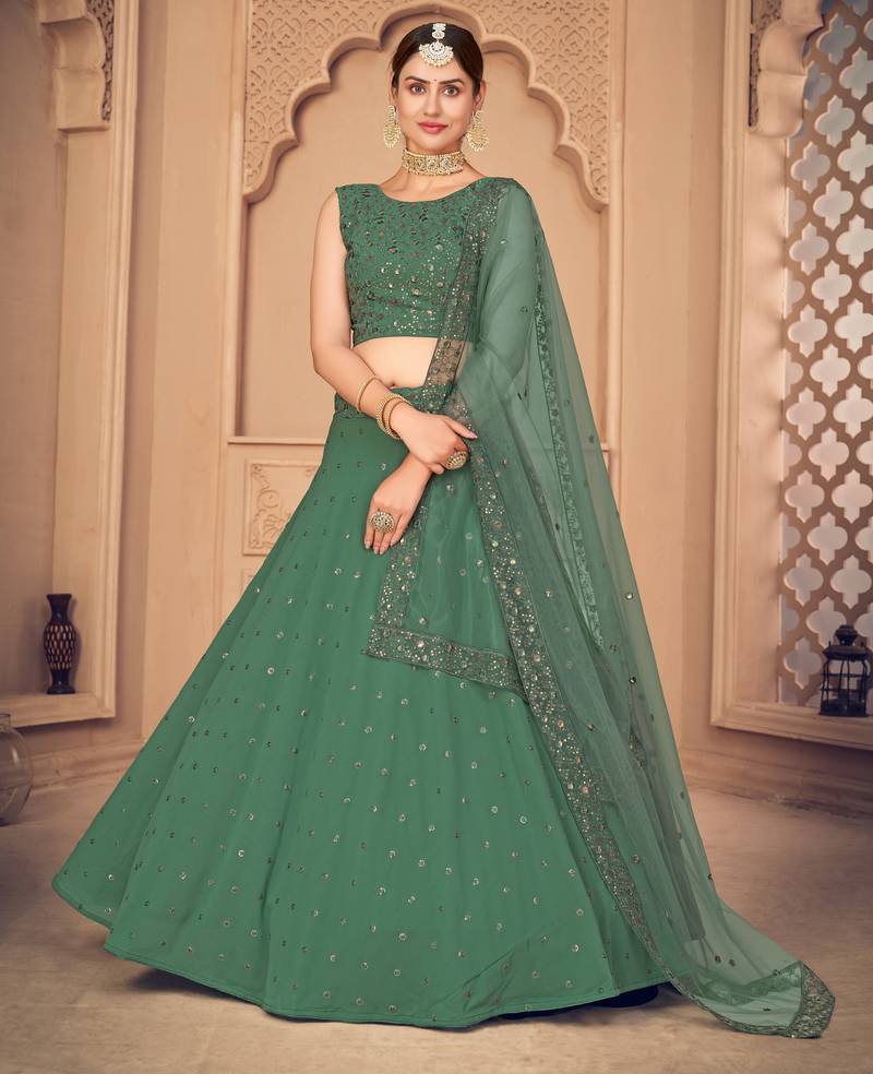 charming Pista Green Thread and Sequins Embroidered Georgette Semi Stitched Party wear Lehenga