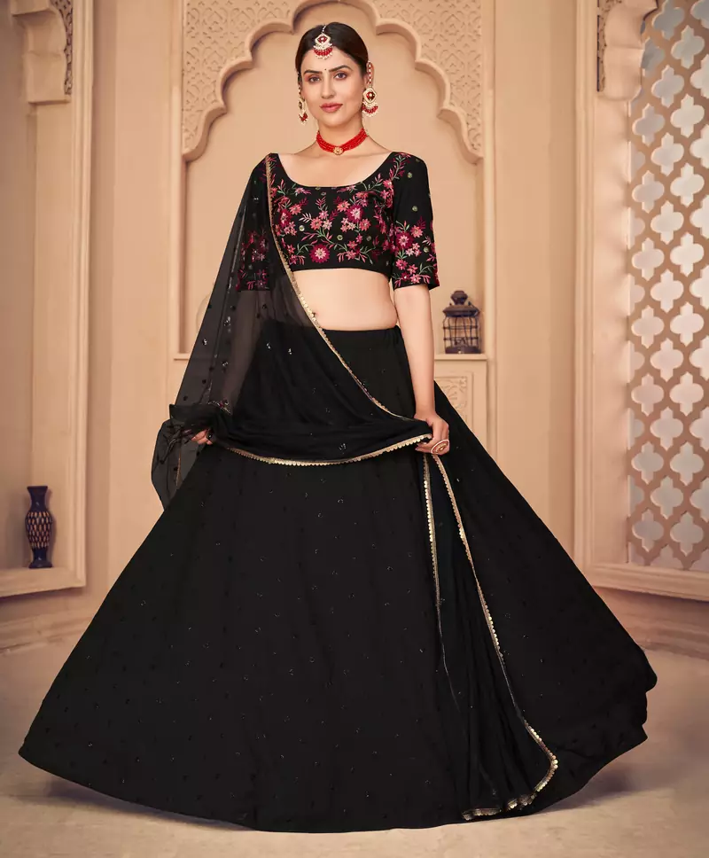 Designer Black Thread and Sequins Embroidered Georgette Semi Stitched Bridal Lehenga