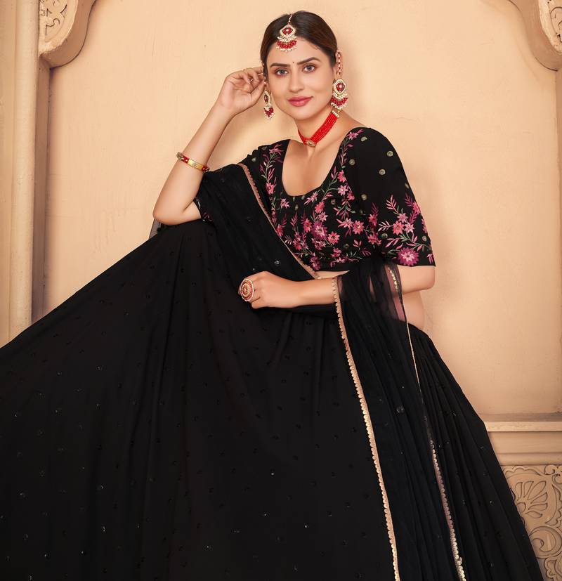 Designer Black Thread and Sequins Embroidered Georgette Semi Stitched Bridal Lehenga