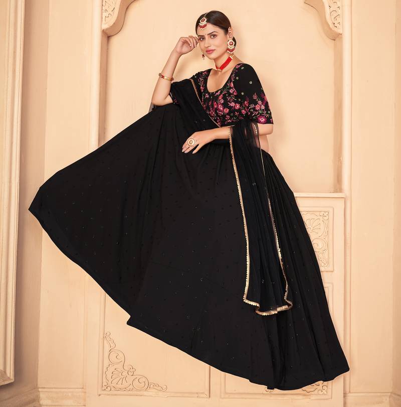 Designer Black Thread and Sequins Embroidered Georgette Semi Stitched Bridal Lehenga