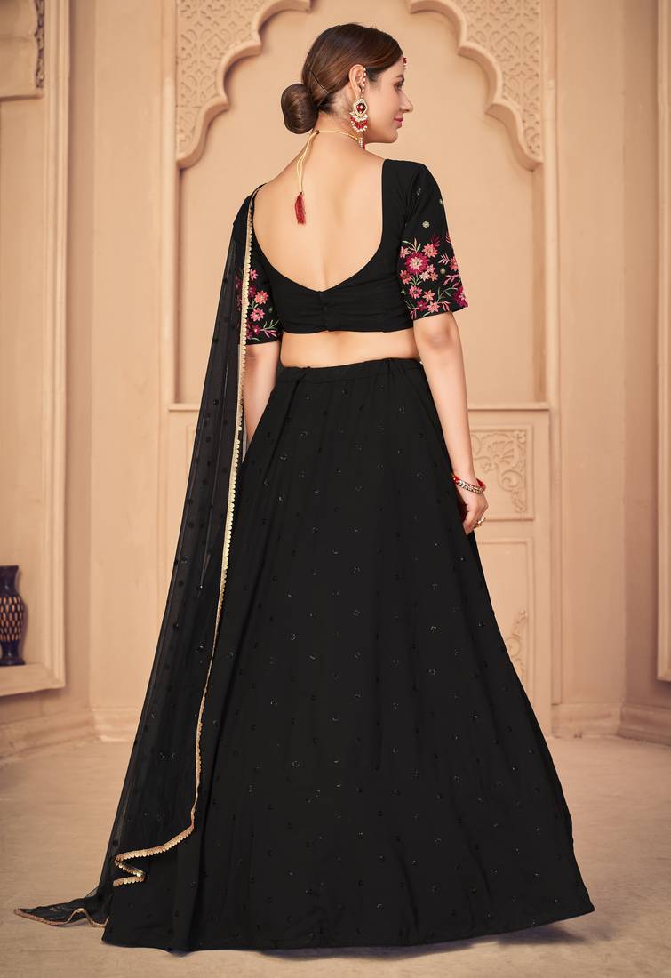 Designer Black Thread and Sequins Embroidered Georgette Semi Stitched Bridal Lehenga