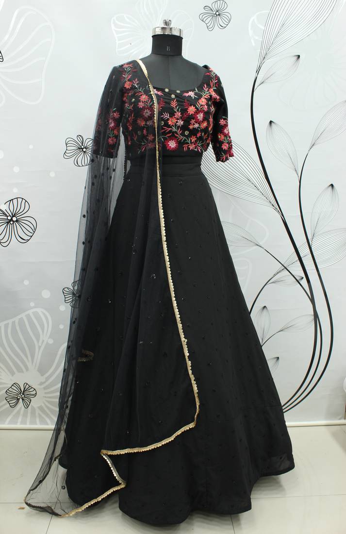 Designer Black Thread and Sequins Embroidered Georgette Semi Stitched Bridal Lehenga