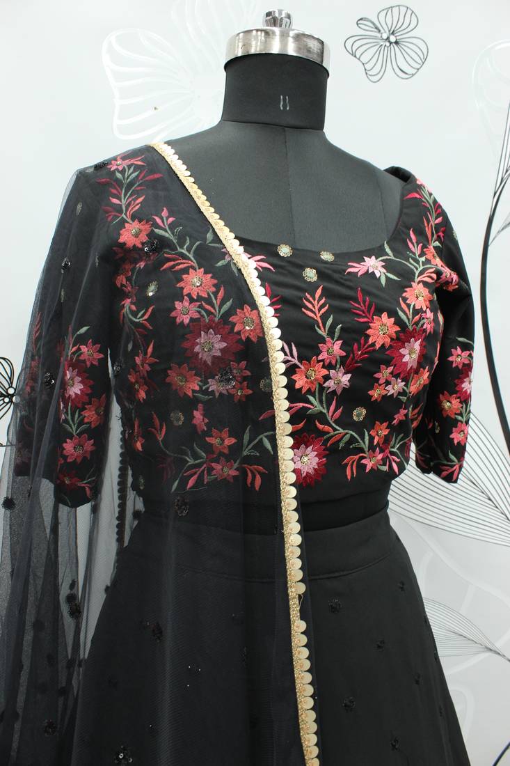 Designer Black Thread and Sequins Embroidered Georgette Semi Stitched Bridal Lehenga