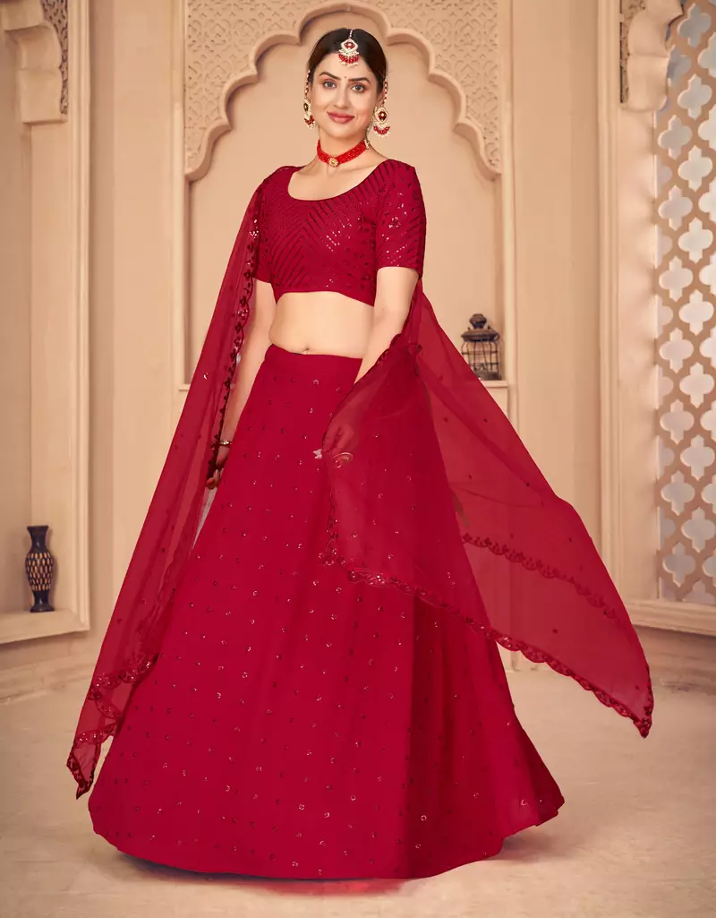 Captivating Red Thread and Sequins Embroidered Georgette Semi Stitched wedding Lehenga