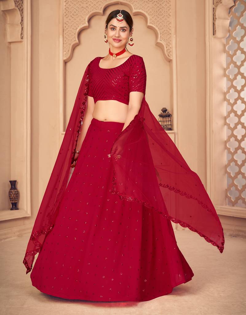 Captivating Red Thread and Sequins Embroidered Georgette Semi Stitched wedding Lehenga