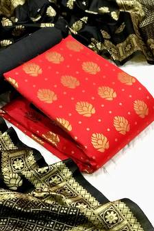  Red Banarasi silk Unstitched dress material