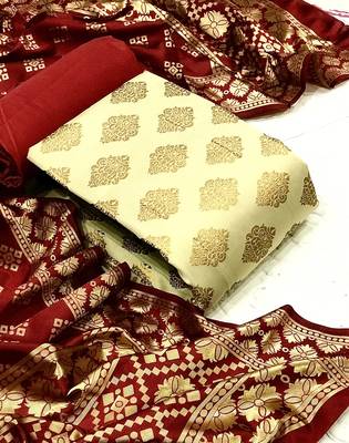  Beige Banarasi silk Unstitched dress material 1