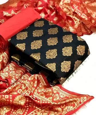  Black Banarasi silk Unstitched dress material 1
