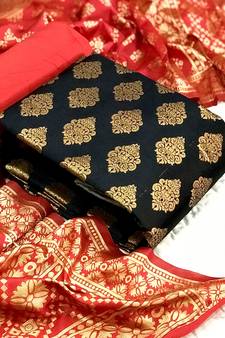  Black Banarasi silk Unstitched dress material