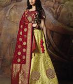 Yellow thread embroidery jacquard semi stitched lehenga