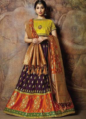 Purple thread embroidery jacquard semi stitched lehenga 1