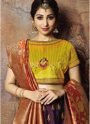 Purple thread embroidery jacquard semi stitched lehenga 2
