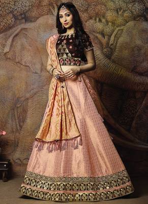 Pink thread embroidery jacquard semi stitched lehenga 1