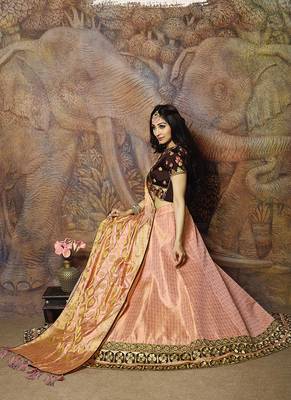 Pink thread embroidery jacquard semi stitched lehenga 2