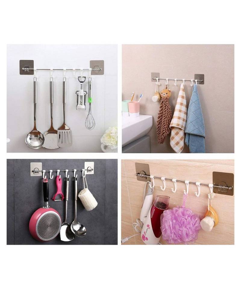 Magic Sticker Series Self Adhesive Bathroom Towel Hanger Hook Kitchen Hanger Hooks (6 Hooks)