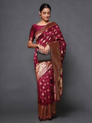 Glemora Wine Beautiful Ethnic Wear Silk Blend  Traditional Saree 2