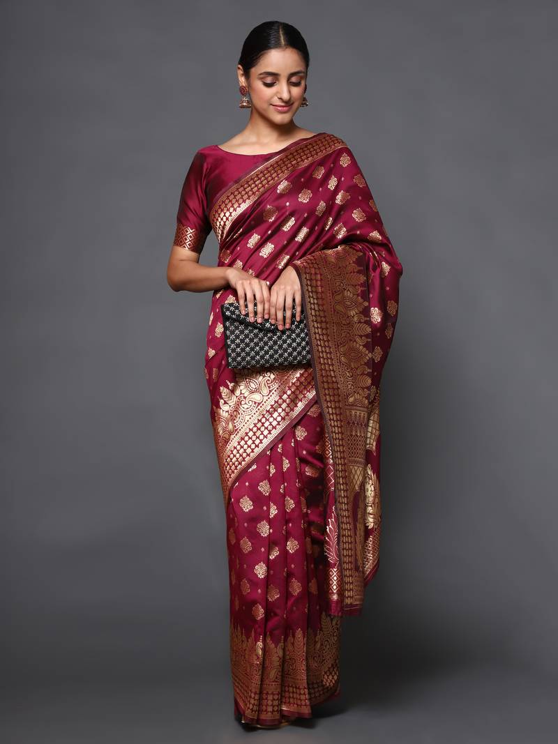 Glemora Wine Beautiful Ethnic Wear Silk Blend  Traditional Saree