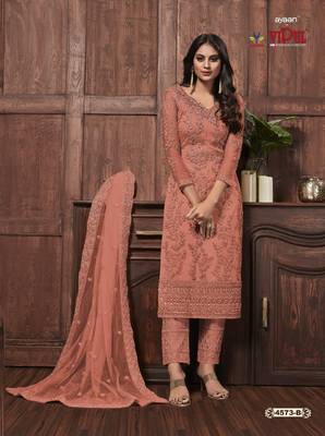 Peach embroidered net salwar 1