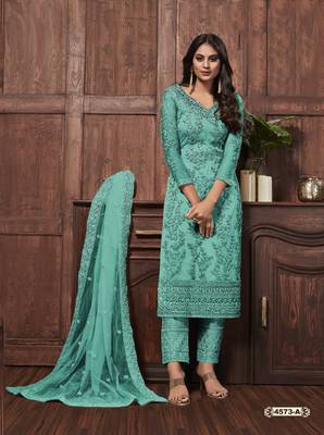 Cyan embroidered net salwar 2