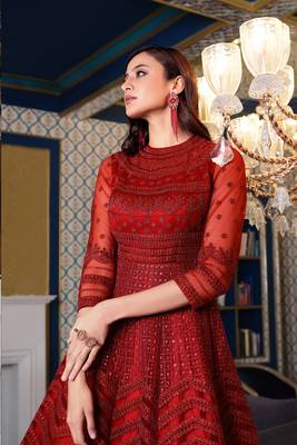 Red embroidered net salwar 2