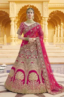 Stunning Pink Heavy Hand Work & Embroidered Velvet Bridal Lehenga